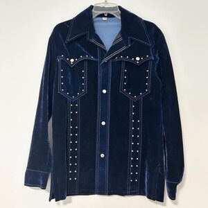 Vintage Navy Blue Velvet Studded Western Shirt 70s Disco Cowboy Navy Blue Medium